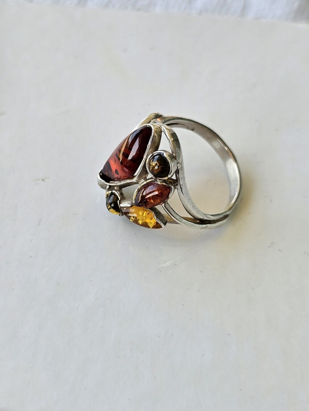 Silver Amber Multi-Stone Statement Ring - Amber Orange Size 9 - Picture 2 of 4